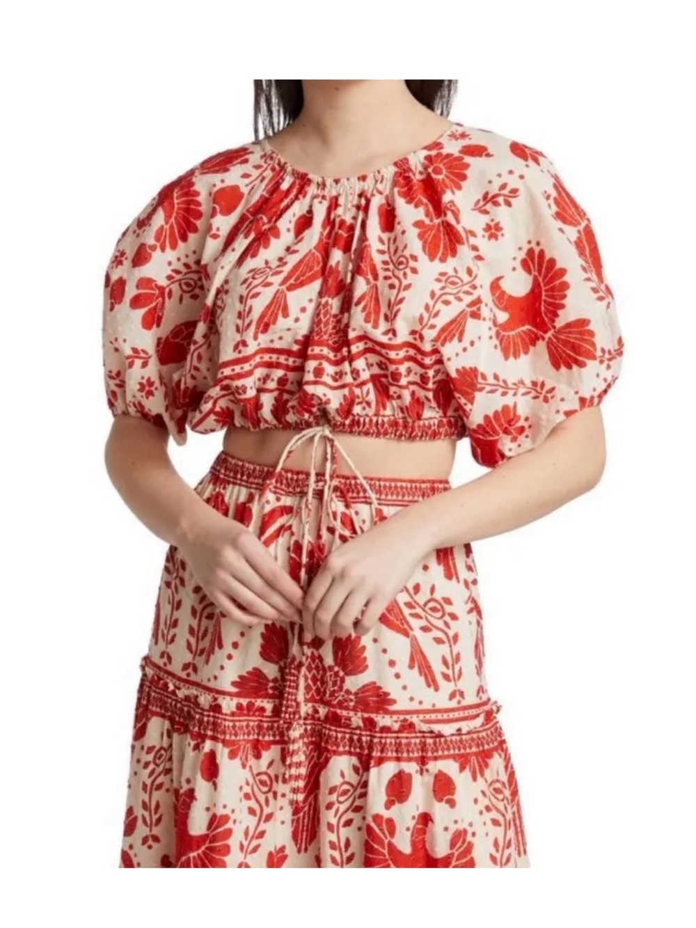 FARM Rio Jungle Flow Organic Cotton Red and White Blouse- Red Floral Puff-Sleeve